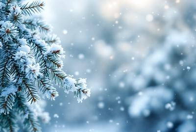 Primary subject: Snow-covered pine tree.
Setting/background: Snowy, wintry landscape.
Visual style: Digital art.
Colors and mood: Blue, white, and cold.